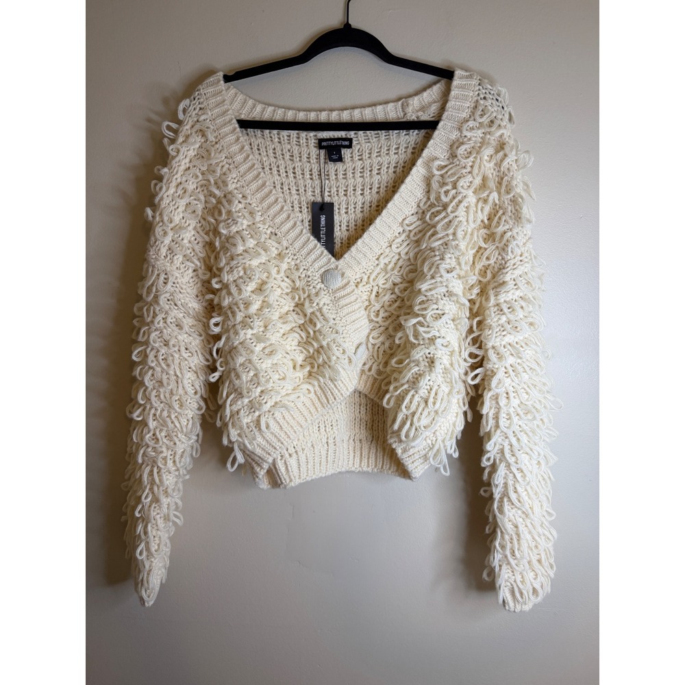 PrettyLittleThing Cream Loop Knit Cardigan Sweater Button Front Fuzzy Boho S